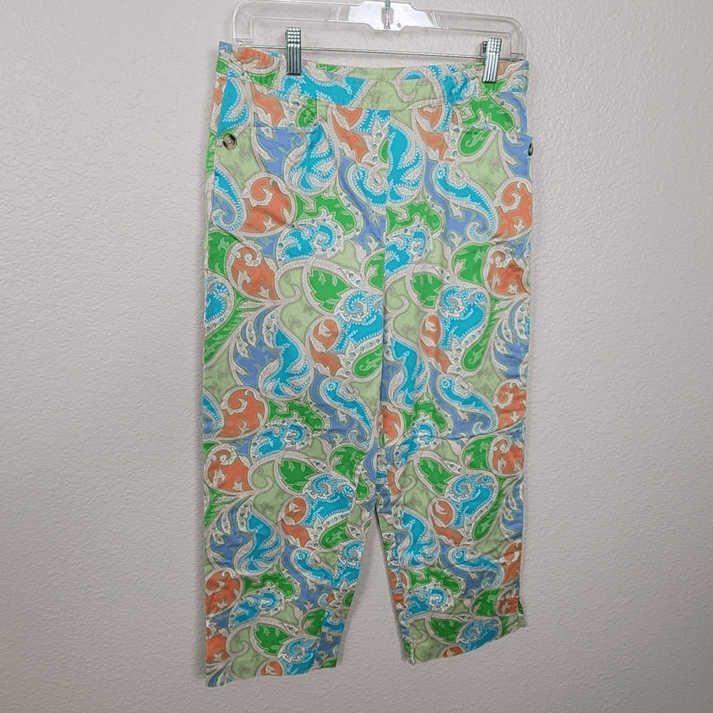 Talbots Vintage Green Blue Orange Paisley Print Cropped Pants Size 8 (6884)